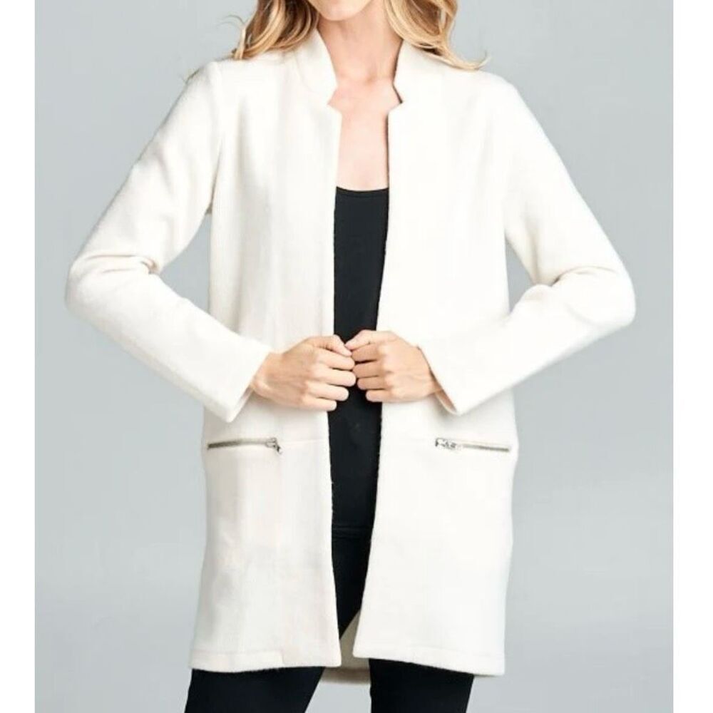 ELLISON | Cream Long Line‎ Notch Collarless Coat Jacket Gold Zippers | Large